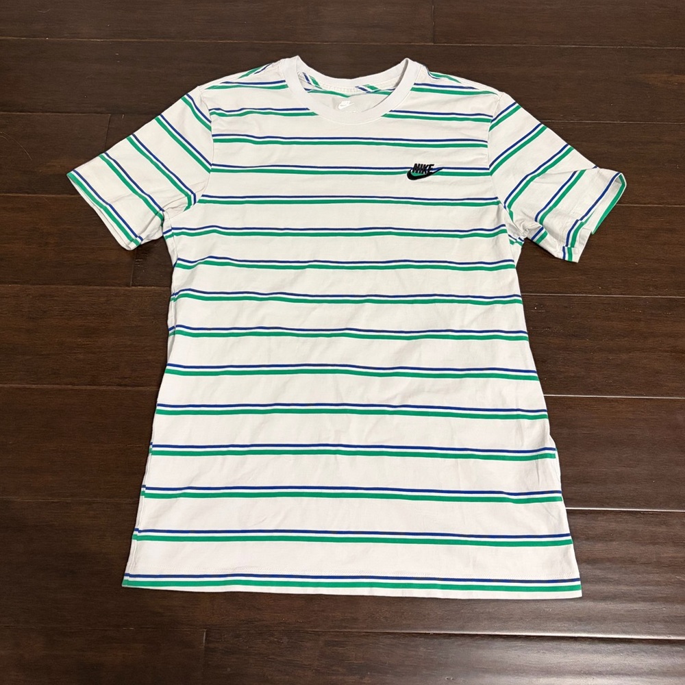 Nike Men's White Tee with Green and Blue Stripes